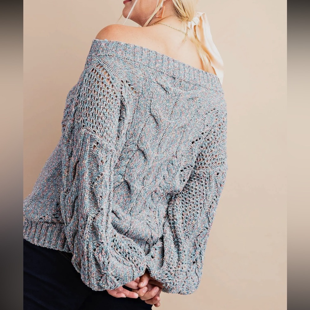 Off-the-Shoulder Cable Knit Sweater - Heather Blue - Picture 3 of 3